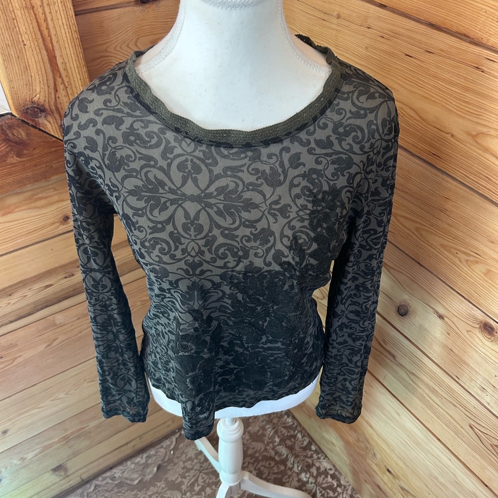 Vintage Burned Out Velvet Sheer Black Grey Long Sleeve Top Y2K Retro Womens Smal - Picture 7 of 8